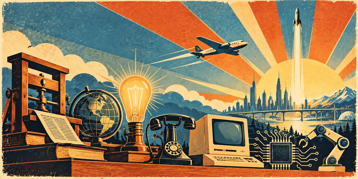 Retro poster illustration of a printing press, globe, light bulb, rotary telephone, vintage computer, microchip and robotic arm on a wooden desk, with a propeller plane, a rocket launch and a city skyline under orange and blue sunburst rays.